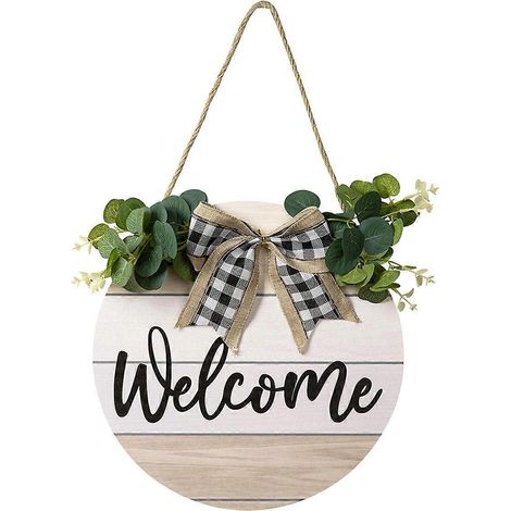 Panneau de bienvenue pour porte d'entrée, guirlande d'arche de feuilles vert vif, décoration murale rustique ronde en bois pour ferme, Por (1/4)
