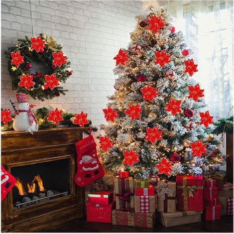 Poinsettias fleurs artificielles décoration de Noël paquet de 12 rouge (1/5)