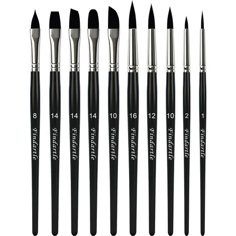 Pinceaux Aquarelle, 10 Pinceaux Acrylique pour Aquarelle, Acrylique, Huile, Gouache, Pinceau d'artiste Ronds, Plats, Filberts, Angulaires, Riggers, Daggers, Cat Tongues (Noir) (1/5)