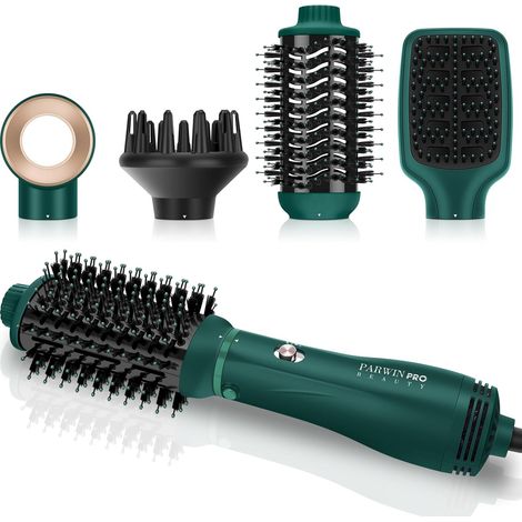 Ensemble de Brosse Soufflante 4 en 1, Seche Cheveux Avec 4 Accessoires, pour Sécher, Lisser, Volumiser et Coiffer, Brosse Sèche-Cheveux Ionique, Vert (1/5)