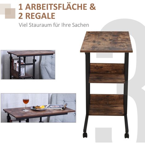 Table roulante réglable en hauteur, compacte, 2 étagères, cadre métallique, 80x40x72-82 cm, marron/noir (1/4)