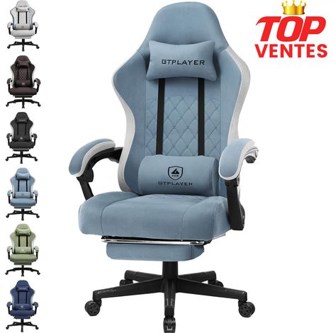 GTPLAYER Chaise de gaming ergonomique avec surface en tissu, coussin de siège à ressort, accoudoirs de connexion et repose-pieds, Bleu clair (1/5)
