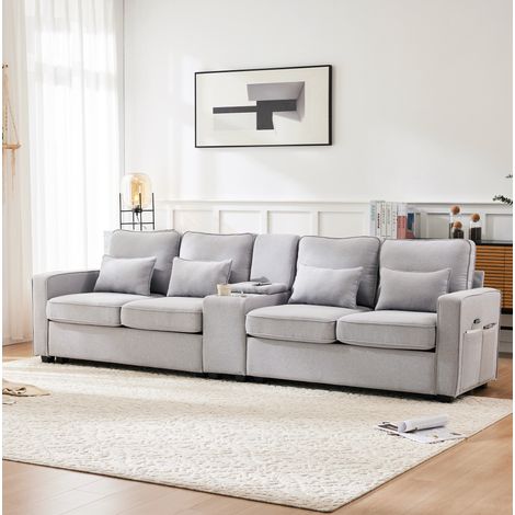 Sofá 4 plazas 290x83x88 cm gris en lino con consola, 2 portavasos, USB y cojines lumbares (1/5)