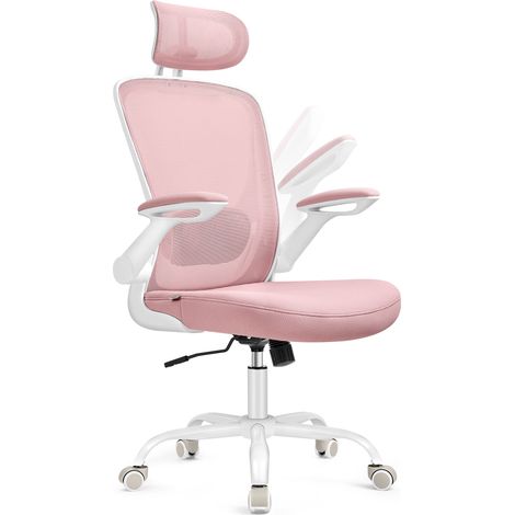 SONGMICS Chaise Bureau Ergonomique en Toile, Fauteuil, Support Lombaire Rembourré, Mécanisme à Bascule, Assise Large de 53 cm, Accoudoirs Rabattables, Appui-tête, Rose (1/5)