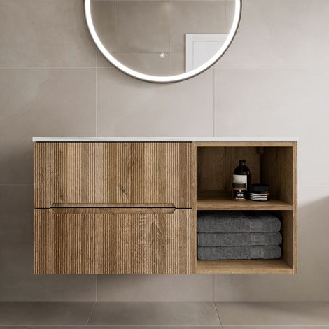 1000mm Bathroom Vanity Unit White Marble Countertop Wall Hung Fluted Oak Unit (1/5)