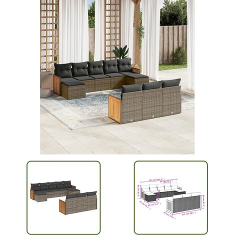 The Living Store 10-tlg. Garten-Sofagarnitur mit Kissen Grau Poly Rattan - Gartenmöbel - Sofagarnitur - Rattan Möbel - Outdoor Möbel - Lounge Set (1/3)