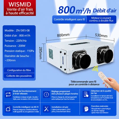 Système de ventilation VMC double flux 800 m³/h intelligent 220V avec contrôle indépendant 800 réf 3077 40 kg – Livraison gratuite