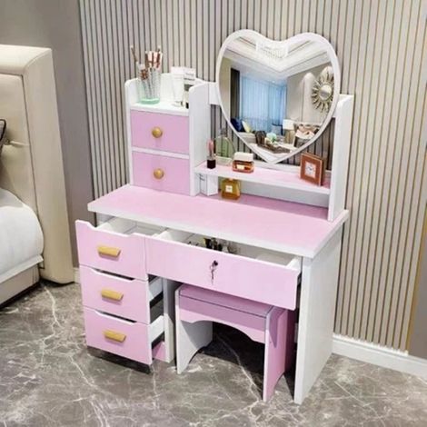 TrAdE Shop Traesio - Toeletta Postazione Con Tavolo Da Trucco Specchio A Forma Di Cuore Sgabello 6 Cassetti - Rosa (1/2)