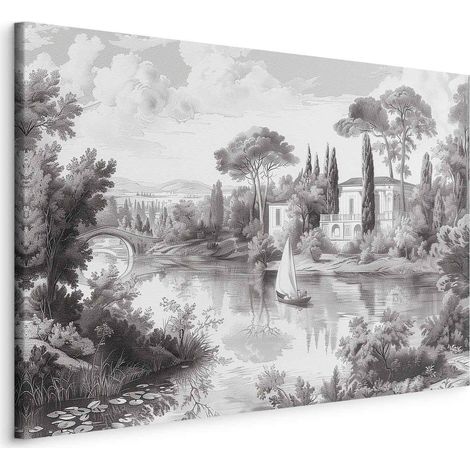 Imagen - Paisaje vintage en blanco y negro con vista retro de un estanque con un bote / Paisaje vintage en blanco y negro con un estanque (1/3)