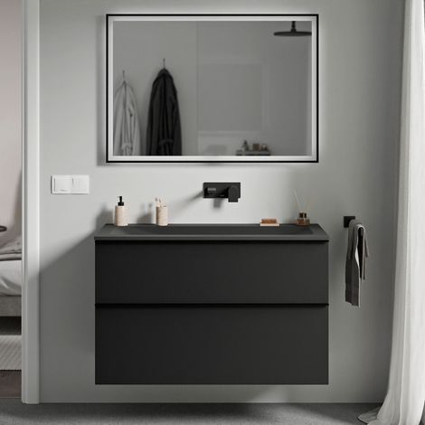 BERNSTEIN - Mueble lavabo suspendido MDF negro mate, lavabo fundición negro mate sin orificio grifería, tirador antracita mate 80x46x62cm LAVOA Negro mate, antracita mate, Negro mate sin orificio para