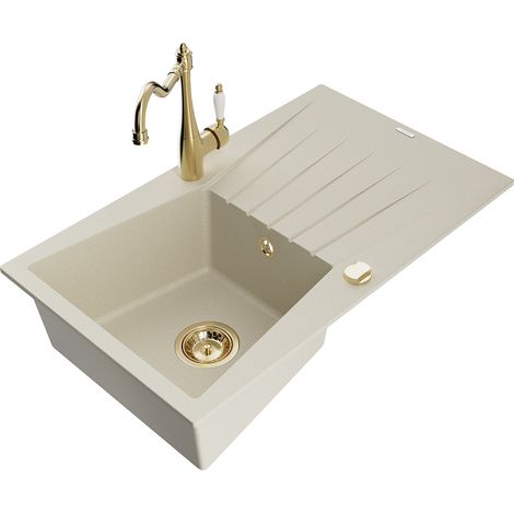 Mexen Cesar 1-Schüssel Granitspüle mit Abtropffläche und Küchenarmatur 'Carla', beige - 6514-69-670700-50 (1/5)