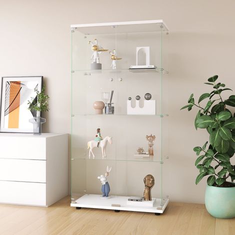 Vitrine en Verre,4 Étagères,avec 2 Portes-Design Moderne pour Salon, Chambre et Bureau-80.5x36.3x164 cm-Blanc (1/5)