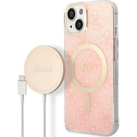 Funda y cargador Guess GUBPP14MH4EACSP para iPhone 14 Plus / 15 Plus de 6.7 pulgadas, color rosa/rosa, carcasa rígida, 4G, estampado, MagSafe. (1/5)
