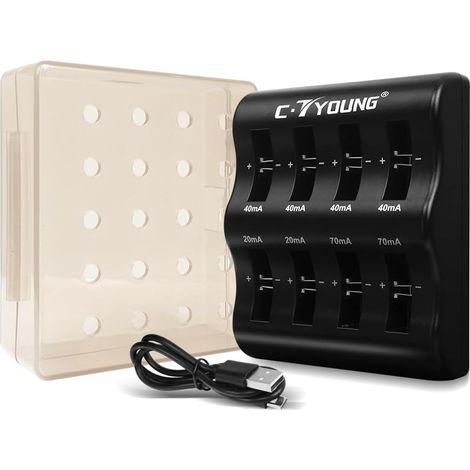 Chargeur de piles bouton rechargeable avec 8 emplacements de charge pour pile bouton 3,6 V LIR2032/2032H/2450/2440/2430/2025/2016/1632 (piles non fournies) (1/5)