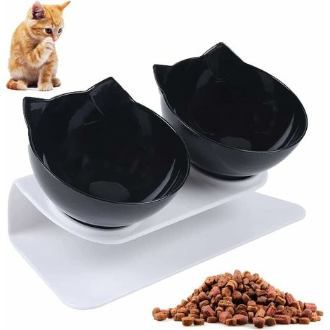 Cat bowl, double cat bowl, 15° tiltable stand, non-slip, to reduce neck pain in pets, for cats and small dogs (Black) (1/5)