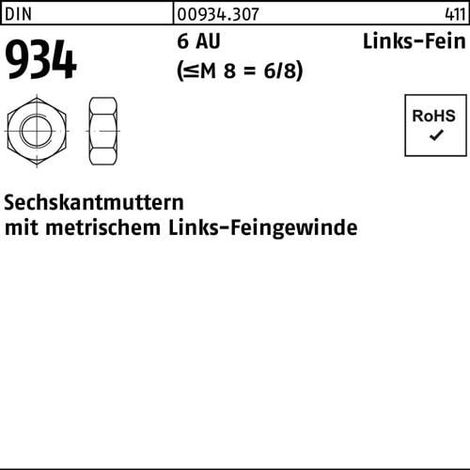 Écrou hexagonal DIN 934 gauche M8x 1 -LH 6 Acier de décolletage 100 pièces