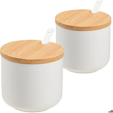 Profitez de 2 sucriers blancs avec couvercles, 1 sucrier en céramique de 10 onces et 1 salière avec couvercle et cuillère. (1/5)
