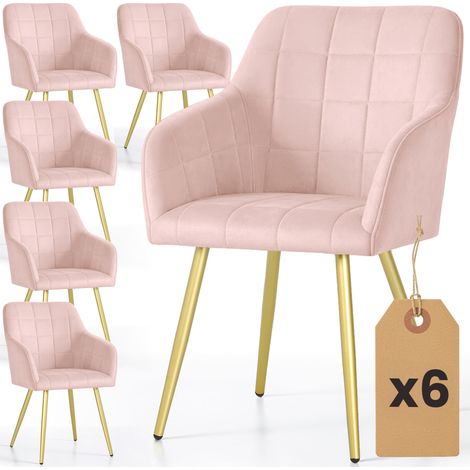 Set di 6 Sedie imbottite con cuciture quadrate LUXANO Rosa Cipria gambe oro (1/5)