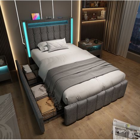 Bett Bettgestell Stauraum 90x200 Leinen Grau OKMYHOME (1/5)