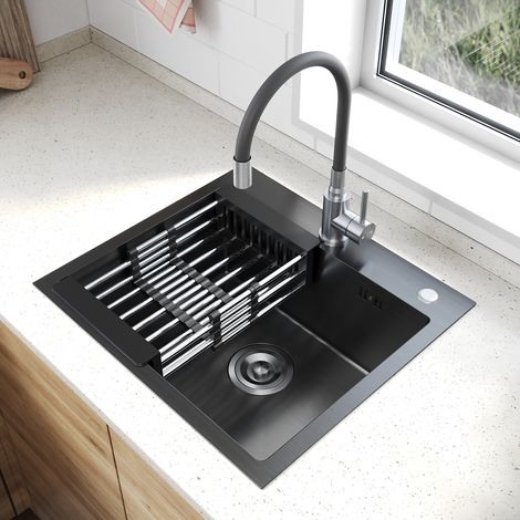 SONNI Schwarzes 3 mm dickes SUS304 Edelstahl Küchen-Einzelwaschbecken, mit drehbarem Silikonwasserhahn & ausziehbarem Abtropfgitter, 50 × 45 × 20 cm (1/5)