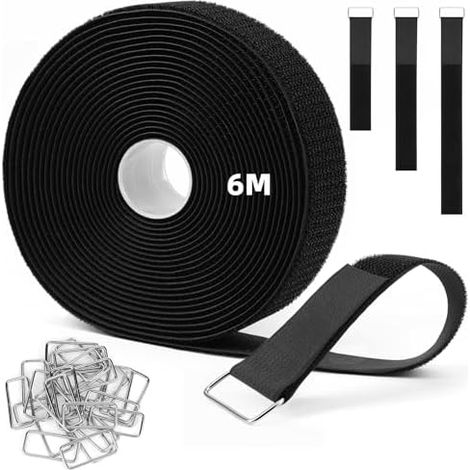 Attaches de Câble Réutilisables Réglables Noires, 6m x 3.8cm Sangle à Crochet Découpable la Longueur avec 25 Boutons Métalliques, Ajustables Pour Gestion des Câbles - Boucle en Métal (1/5)