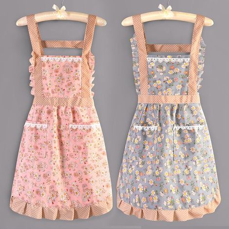 Set aus 2 Damenschürzen, geeignet für Küche und Haushalt, ideal zum Kochen und für die Maniküre, mit zwei Taschen, Schürze mit Trägern (blau, rosa) (1/3)