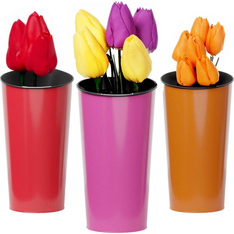 Lot de 3 vases métalliques pour Jardin, Couleurs Rose, Orange et Rouge (1/2)