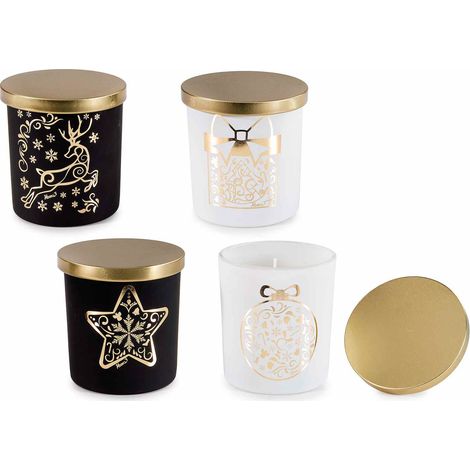Candele profumate in barattolo di vetro satinato con coperchio e con decori di Natale dorati a stella, set da 8 pezzi, Ø 9,5 cm x 10 H