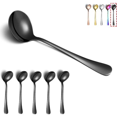 Lot de 6 Cuillères à soupe, Acier inoxydable, Placage titane noir, Rondes, Passe au lave-vaisselle, Usage quotidien (1/5)