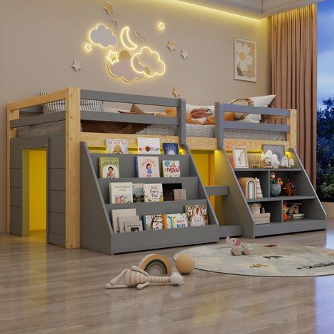Lit Mi-Hauteur Enfant 90x200 cm avec Rangements et LED - Bois de Pin Massif, Échelle Stable - Gris & Naturel (1/5)