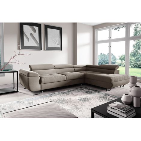 Ecksofa mit Schlaffunktion DECLAN Stoff Poso Beige Ottomane Rechts