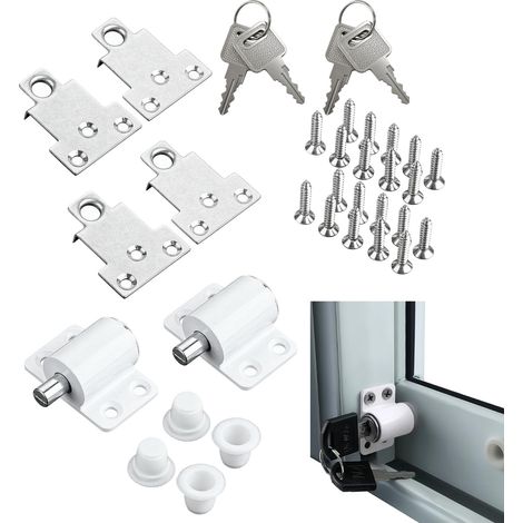 Lot De 2 Verrou Baie Vitrée Coulissante Blanc Serrures, Blanc, Avec Clés, Montage Avec Ou Sans Perçage, Protection Contre Ouvertures Accidentelles, Pour Sécuriser Maison Et Animaux (1/5)