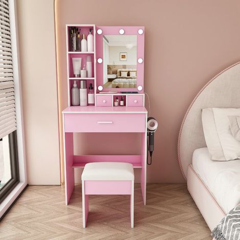 VVBV Coiffeuse avec miroir, éclairage LED réglable, prise intégrée, tabouret rembourré inclus, tiroirs de rangement (1/5)