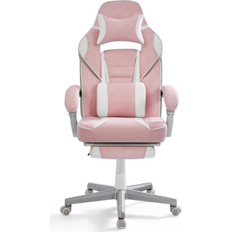 Songmics – Fauteuil de bureau ergonomique – Chaise gaming réglable avec appui-tête et repose-pieds – Support lombaire – Charge 150 kg – Rose bonbon et blanc crème (1/5)