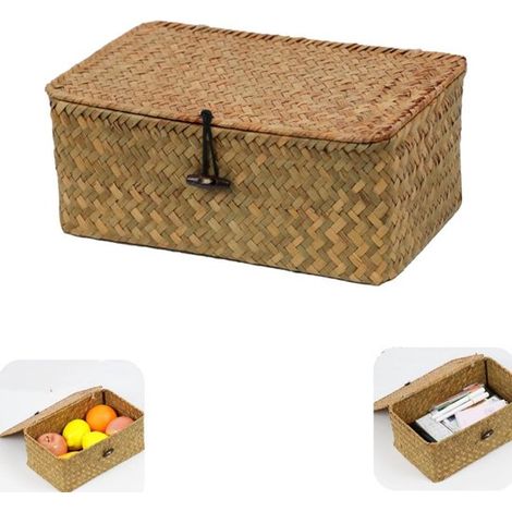 Panier de rangement avec couvercle 25 x 15 x 8 cm - corbeille tressée, brun (1/5)