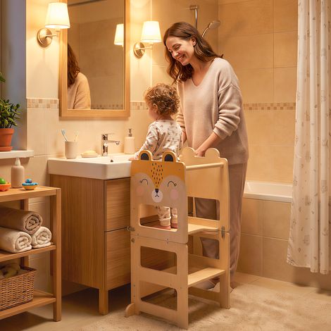 Torre de Aprendizaje 3 en 1 Plegable Convertible en Escritorio y Silla con Pizarra Dibujos de Zorros Natural (1/5)