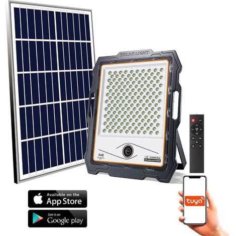 Foco Proyector LED Solar 200W IP67 con Cámara Sensor Crepuscular / Movimiento con Control Remoto Blanco Frío 6000K    IluminaShop (1/5)