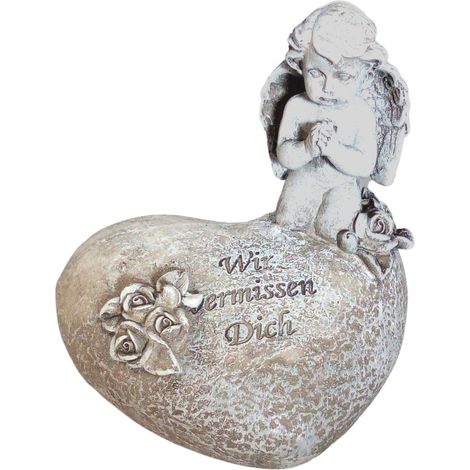 Gedenkstein Engel auf Herz Grabschmuck Spruchstein Grabdeko Dekoherz Gartendeko
