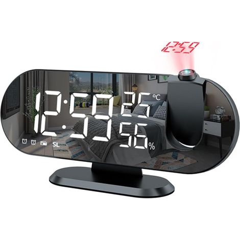 Reloj despertador con proyector de techo, reloj despertador de proyección, reloj digital con proyector de 180 °, pantalla de 7 espejos, 4 brillo, temperatura y humedad ajustables, fecha de repetición, (1/5)