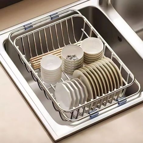 Égouttoir à vaisselle réglable en acier inoxydable 304 – Grand espace de rangement pour assiettes et ustensiles – Design suspendu au-dessus de l'évier