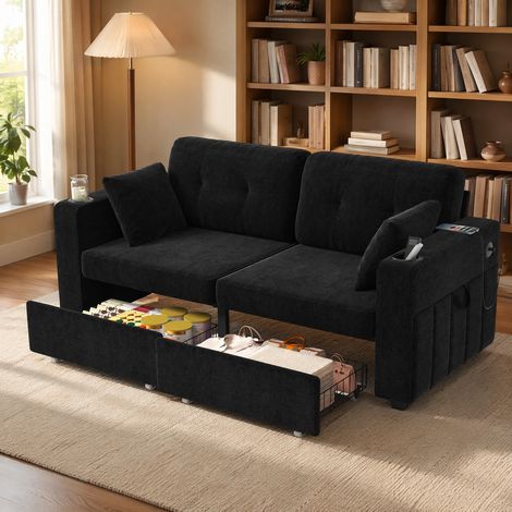 Canapé 2 places en chenille noire 172x75x82 cm avec rangements, ports USB et porte-gobelets (1/5)