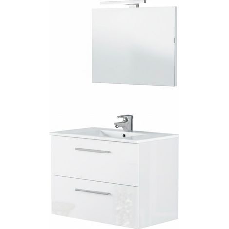 Mobile Mobiletto Bagno Sospeso Con 2 Cassettoni Soft Close Lavabo in Ceramica Monoforo Con Troppopieno E Specchio Con Led Da 30 Cm Design Moderno 80 x 45 x 57 Cm Colore Bianco  - Misura: Mobile Lavabo