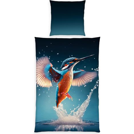 Parure de Lit Martin-pêcheur, Taie d'Oreiller 80 x 80 cm motif réversible, Housse de Couette 135 x 200 cm, avec Fermeture éclair, 100% Coton/Renforcé (1/5)