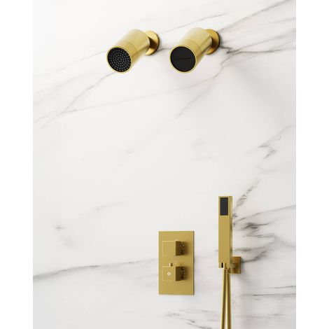 Conj. Empotr. Termostático Orion Oro + Doble Rociador (Lluvia+Cascada) - GME