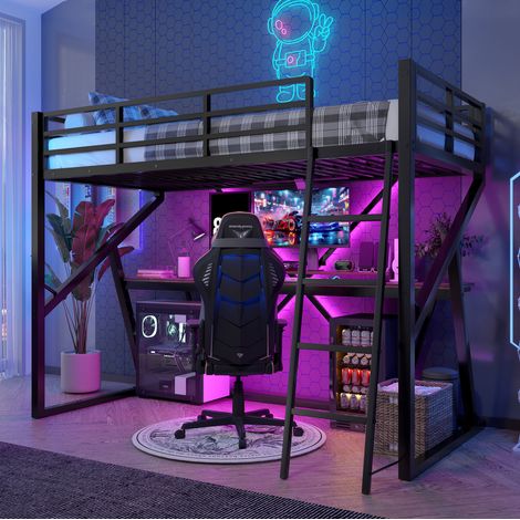 MEUBLIV Cama alta 90x200 cm negra – escritorio, LED y barandilla, sin colchón (1/5)
