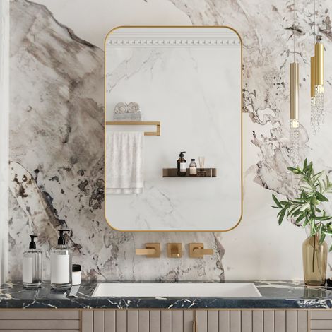 Armoire de toilette miroir dorée en verre et métal avec étagères réglables et pose murale ou encastrée (1/5)