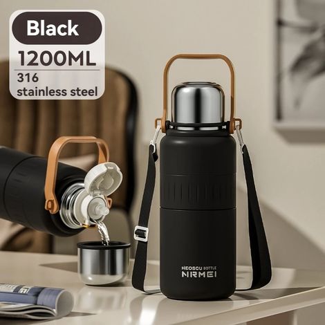 (Noir, 1200 ml) Bouteille d'eau isotherme en acier inoxydable avec poignée et paille, isolée sous vide, convient à l'eau chaude et froide. (1/5)