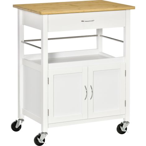Chariot de cuisine avec tiroir et étagère pour armoire, chariot alimentaire avec couvercle en bambou et 4 roues, blanc (1/5)