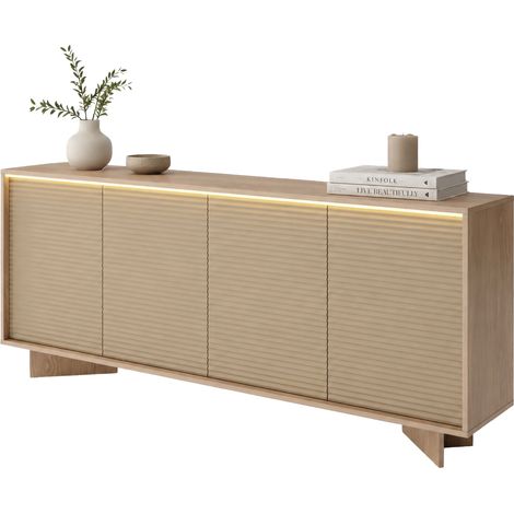 Sideboard Hataga, Anrichte mit 4 Regalen, Türen zum Öffnen, 4 Türen, 204x40x84h cm in Eiche Braun