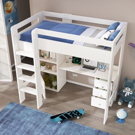 Letto a castello 90x200 cm, con scrivania, armadio, schedario, USB-C, scaletta, MDF, bianco (senza materasso)